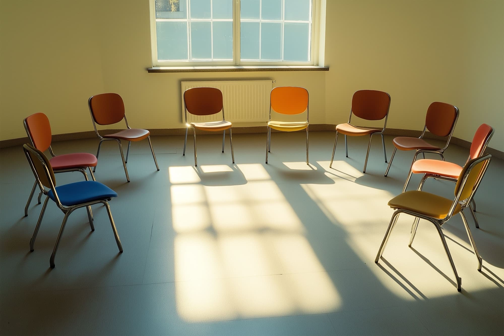 A circle of chairs set up for a support group meeting