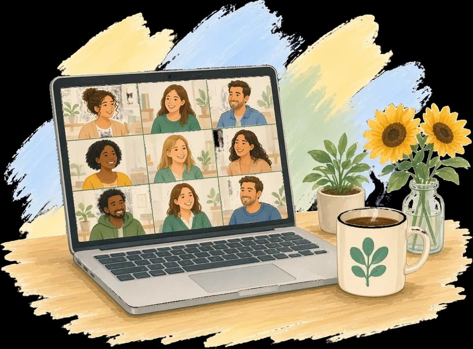 Illustration of a peer support group on a video call