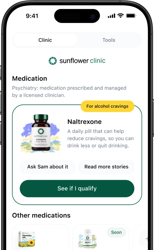 The Sunflower app's Clinic tab, showing a naltrexone plan and a See if I qualify button