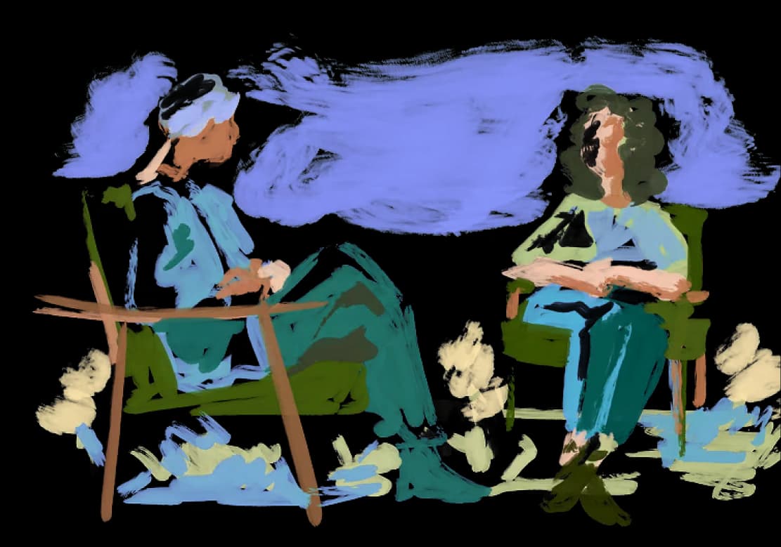Illustration of a therapist and client talking in armchairs
