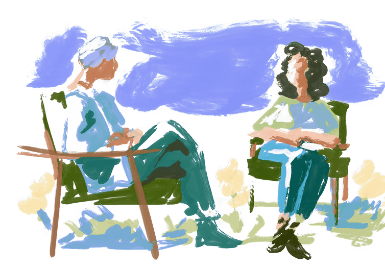 Watercolor illustration of a therapy conversation between two people