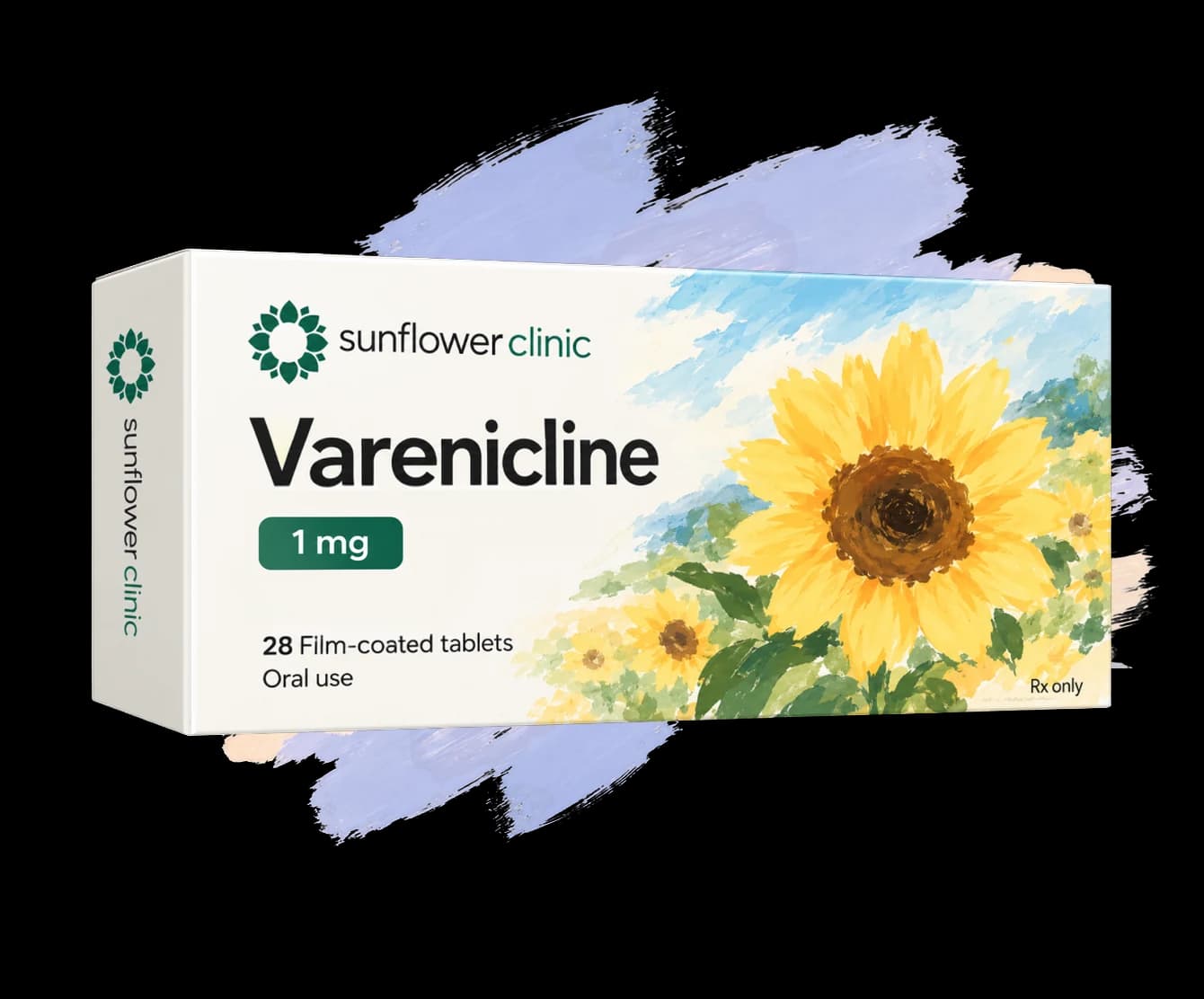 A box of Sunflower Clinic varenicline 1 mg tablets in front of lavender watercolor brushstrokes