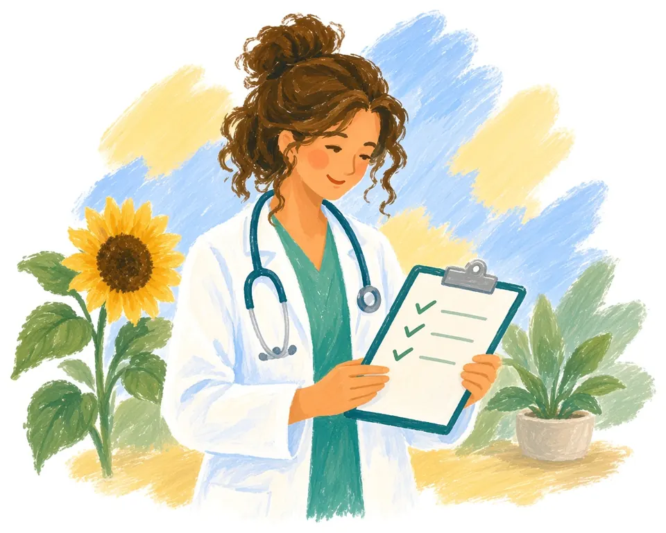 Illustration of a doctor reviewing a patient's checklist beside a sunflower