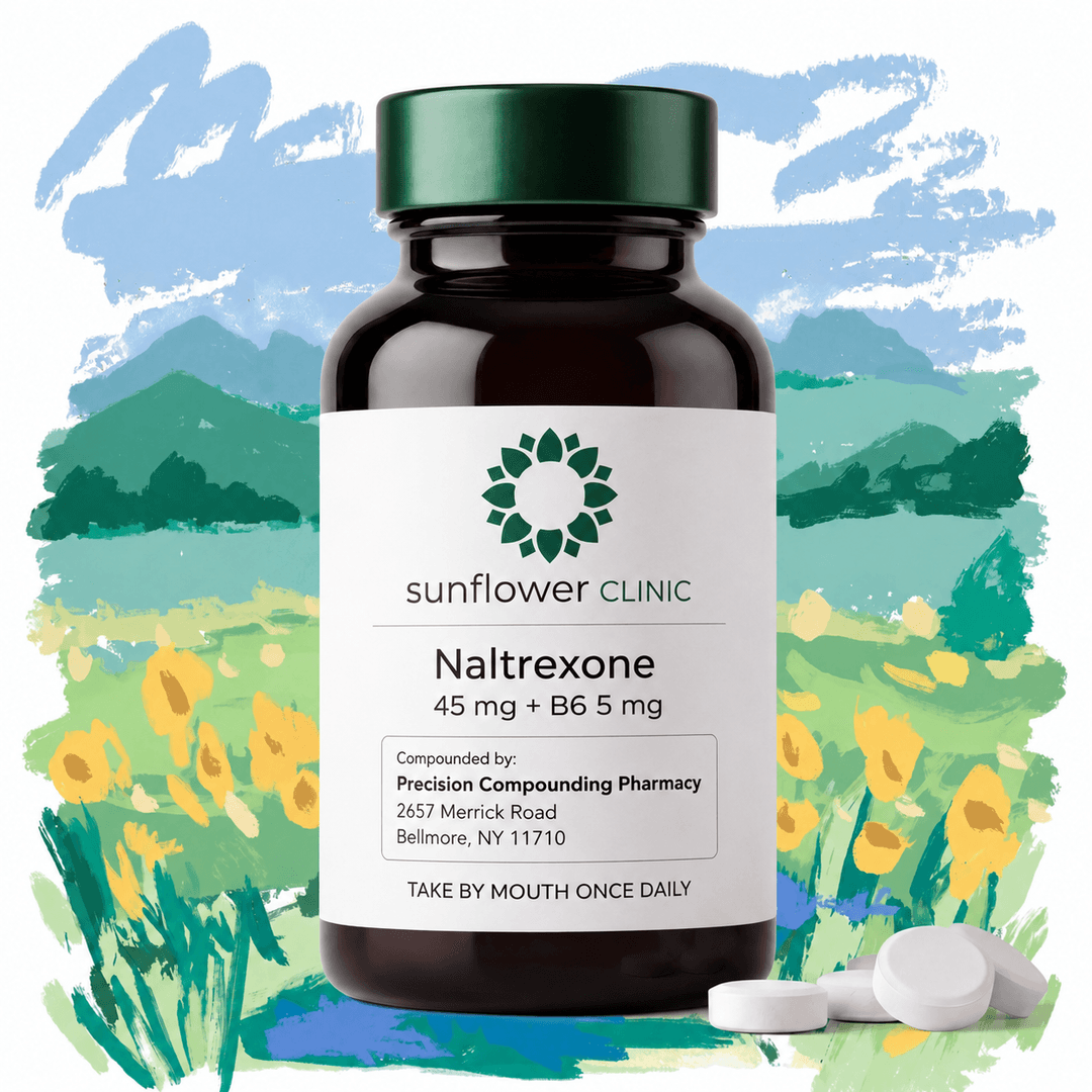Sunflower Clinic naltrexone bottle in front of a watercolor sunflower field